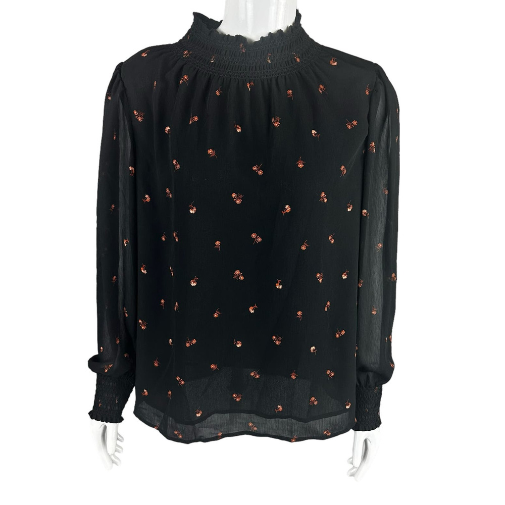 Madewell Womans Sz‎ Medium Blouse Black Top Long Sleeve Smoked Floral